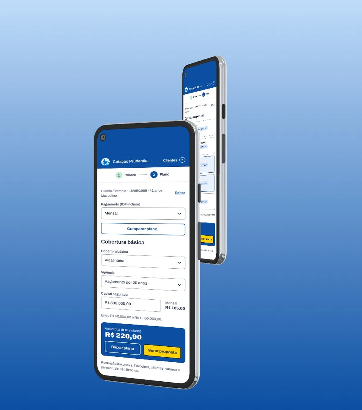 Duas telas reais do protótipo da cotação Prudential — cobertura básica e coberturas opcionais — compostas em molduras de celular sobre fundo azul