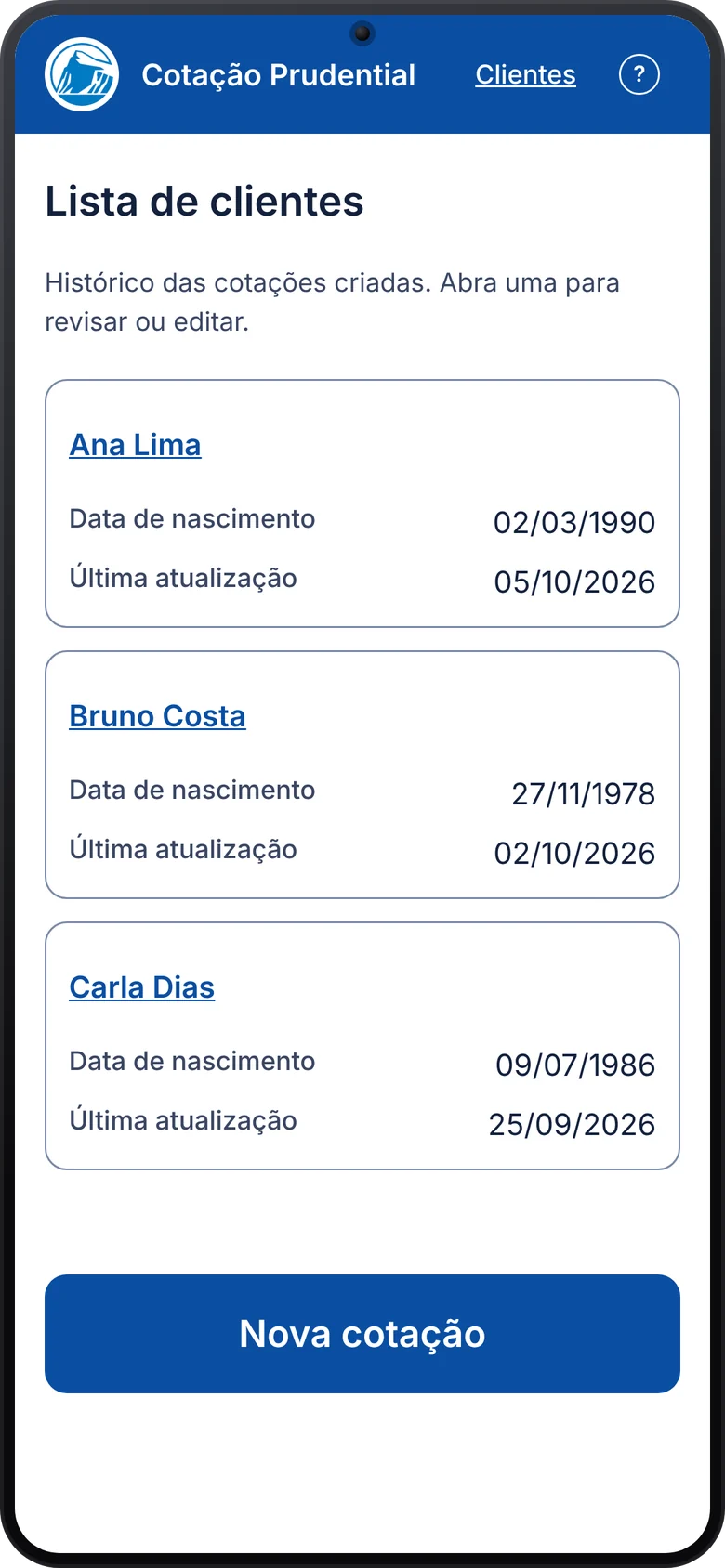 Screen 1, client list with a New quote button