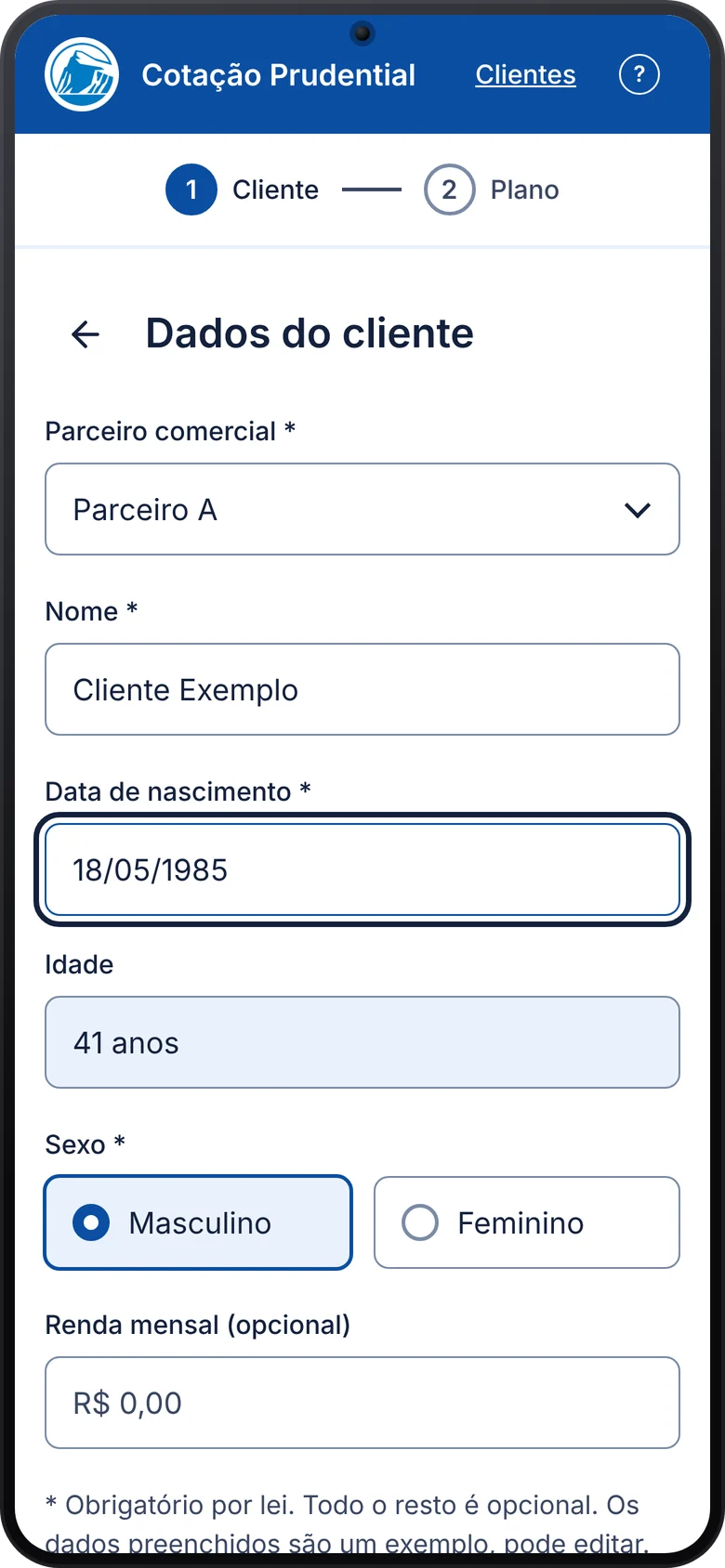Screen 2, client details with name, date of birth and sex