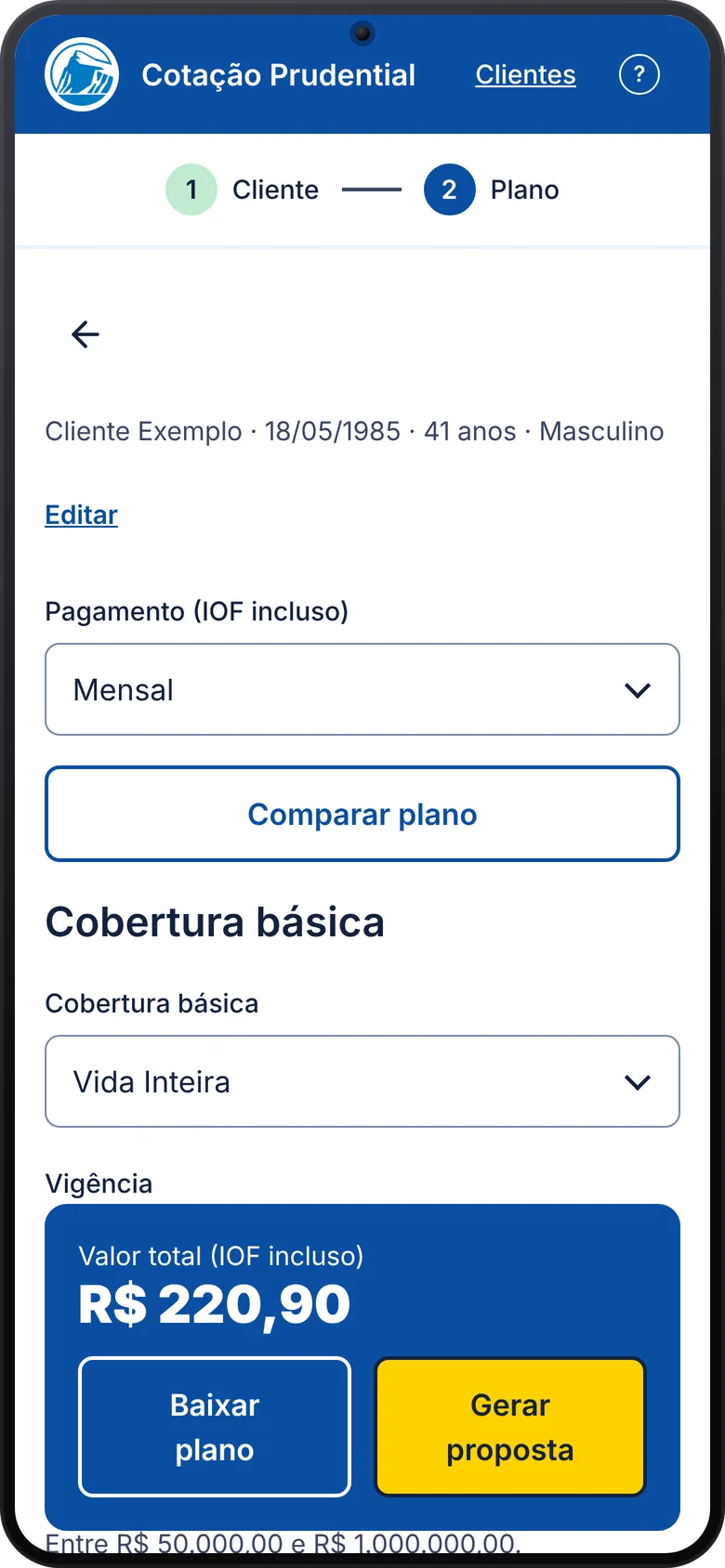Screen 3, basic coverage with the total price always visible
