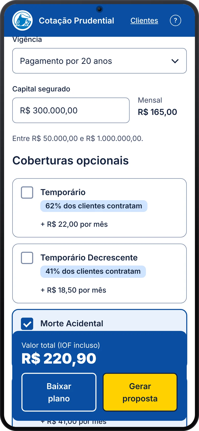 Screen 4, optional coverages that can be selected