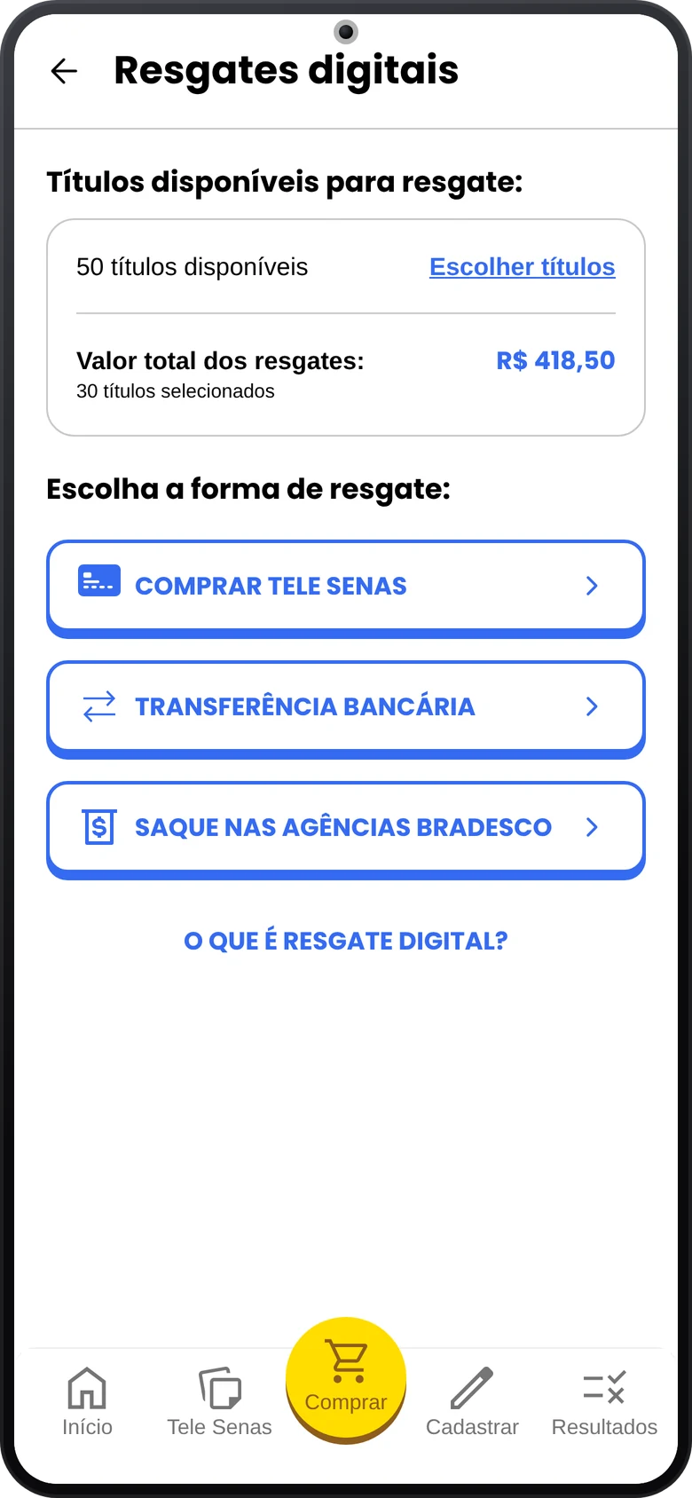 Digital redemption screen: 50 tickets available, R$ 418.50 total and three ways to redeem