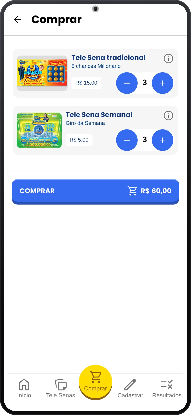 Buy screen: two tickets with quantity and a purchase button showing the total