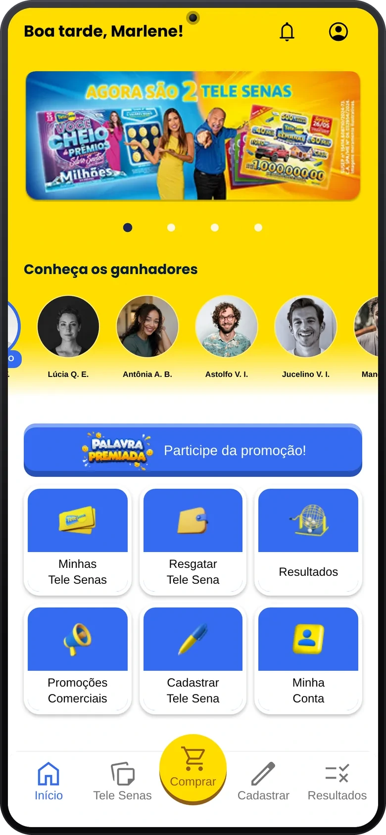 App home screen with winners and the promotion