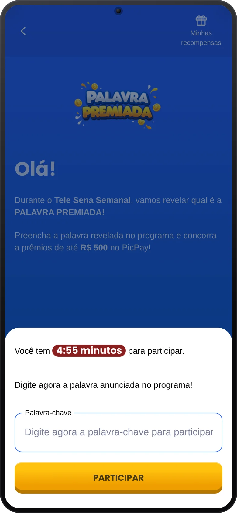 Screen to type the keyword announced on the show, with a countdown