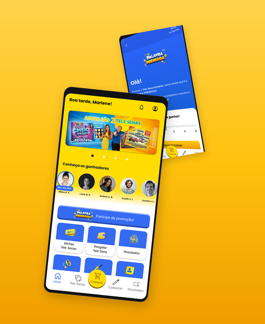 Composição com telas reais do app da Tele Sena — Início com a vitrine de ganhadores e a promoção Palavra Premiada