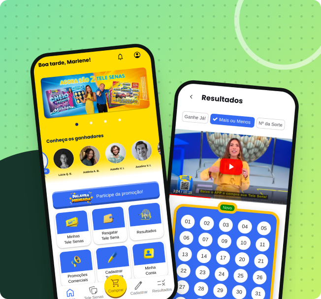 Telas do app Tele Sena: Home com banner promocional e carrossel de ganhadores reais, e tela de Resultados com vídeo do sorteio ao vivo.